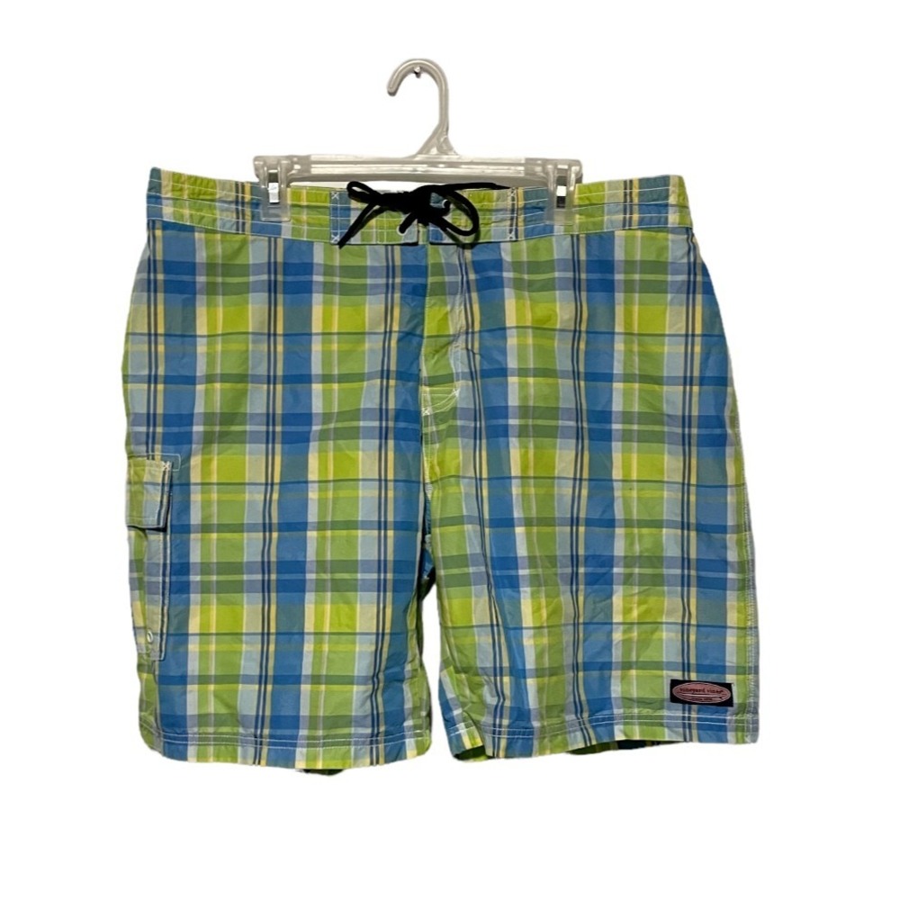 Vineyard Vines Board Shorts Mens 40 Blue Green Plaid Cargo Swim Trunks Beach